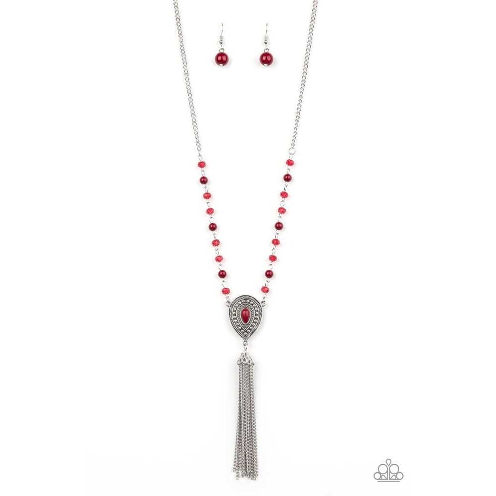 Paparazzi Soul Quest Long Red Teardrop Tassel Beaded Crystal Necklace Earrings